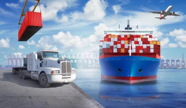 Integrated logistics flowchart showing cargo handled by truck, ship, rail, and air for seamless intermodal drayage.