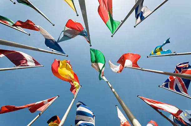 Flags of various countries waving upward, representing global trade connections including China and Tanzania
