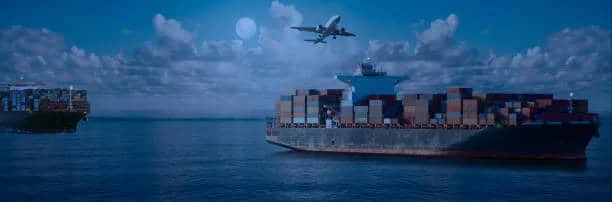 Night view of shipping port and airplane visualizing international freight from China to Turkey
