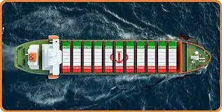 Top view of a container ship with Iran flag design used in China-to-Iran freight services.
