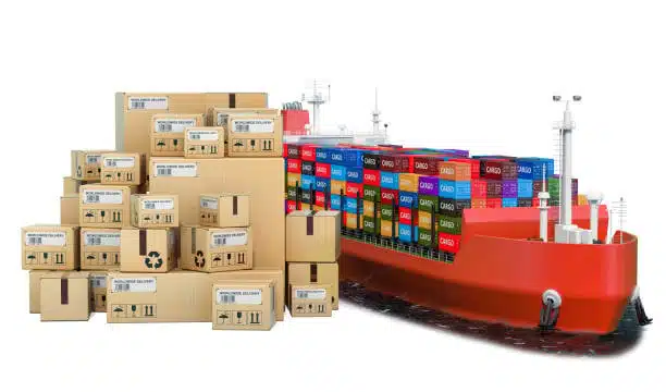 LCL shipping boxes awaiting loading onto a cargo ship, illustrating freight space sharing for efficiency.