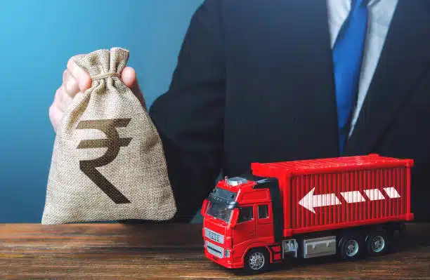 LCL shipping represented by money bag and container truck, highlighting cost-saving advantages of shared container use.