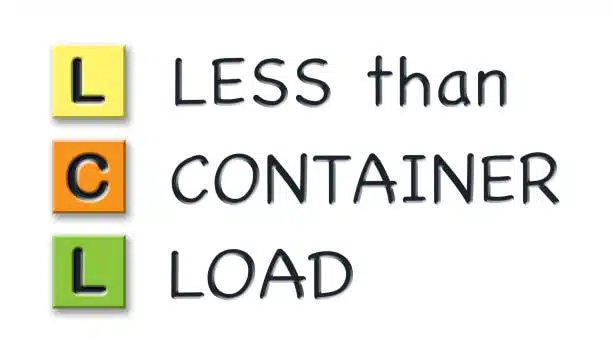 Typography design explaining the meaning of LCL – Less Than Container Load – used in shared container shipping.
