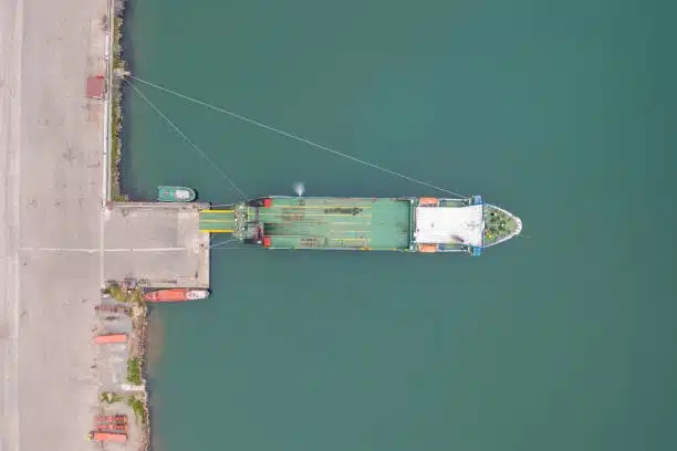 Top-down view of a container vessel being loaded at a US port