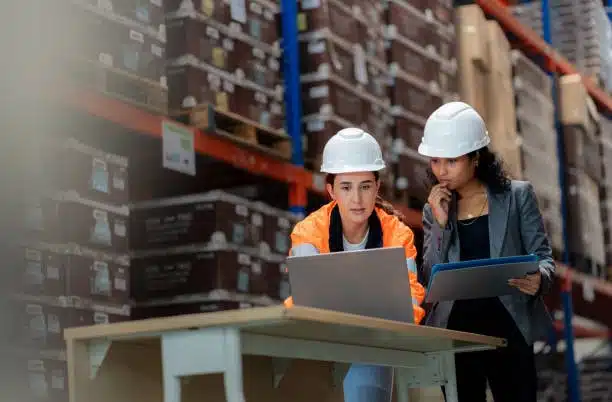 Female logistics staff checking documents and laptop for shipment processing