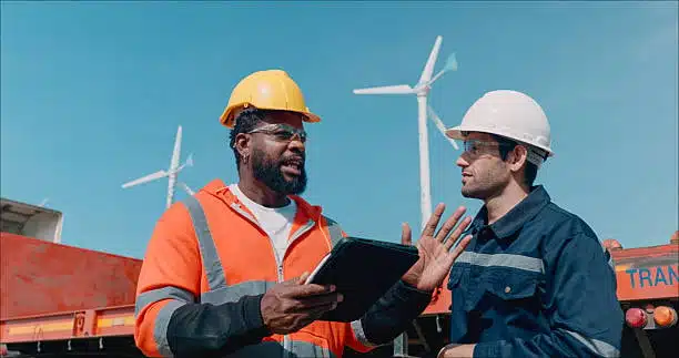 Two engineers discussing shipping logistics at a wind farm or container yard