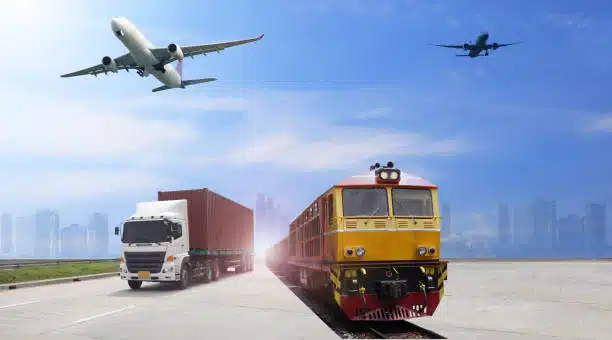 Cargo train, shipping truck, and two airplanes symbolizing international transport from China to Greece