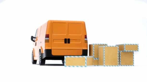 Orange delivery van with scattered parcels representing last mile delivery in LTL shipping