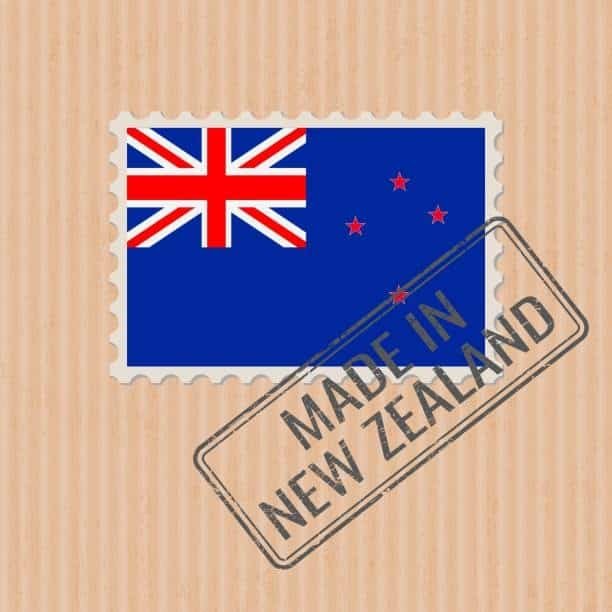 New Zealand flag postage stamp with "Made in New Zealand" stamp