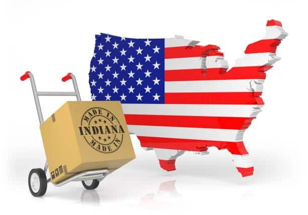USA map pushing parcel marked “Made in Indiana” for international courier shipping