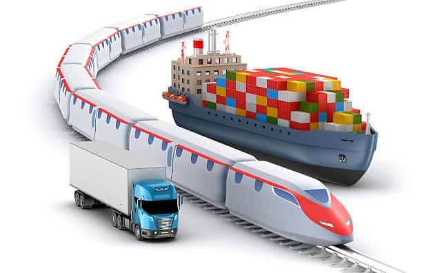 Conceptual image showing modern multimodal transport for goods moving from China to the UK