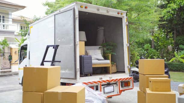 Truck with packages prepared for last-mile delivery in international shipping.