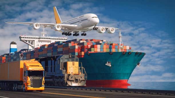Combination of ship, airplane, truck, and train showing multimodal shipping from China to Sweden.