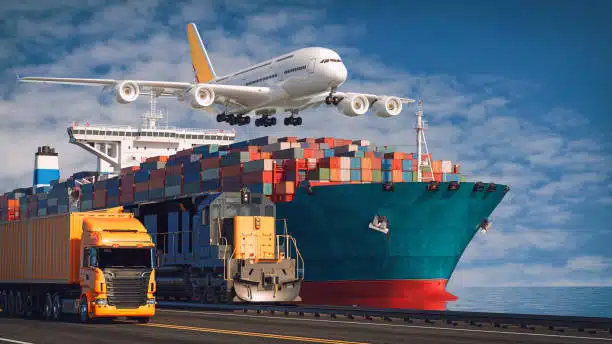 Combination of ship, airplane, truck, and train showing multimodal shipping from China to Sweden.