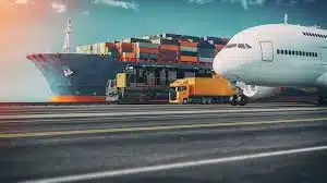 Ship, airplane, truck, and freight train representing global logistics from China to Bahrain.