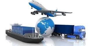 Airplane, ship, truck, and globe showing international freight logistics from China to Indonesia.