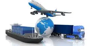Airplane, ship, truck, and globe showing international freight logistics from China to Indonesia.