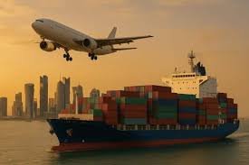 Cargo ship and airplane with Qatar skyline in background, illustrating air and sea freight.