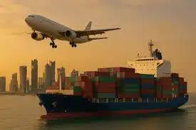 Cargo ship and airplane with Qatar skyline in background, illustrating air and sea freight.