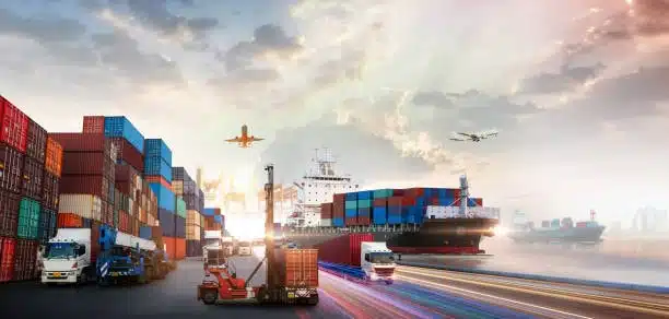 Integrated transport scene showing cargo ships, trucks, planes, and containers in global logistics