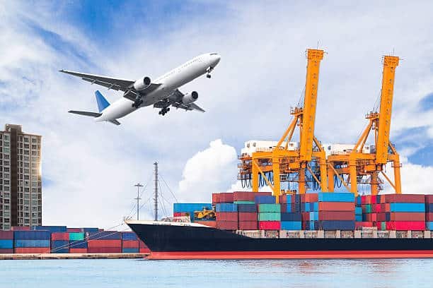 Airplane and cargo ship at port—multimodal shipping from China to Senegal