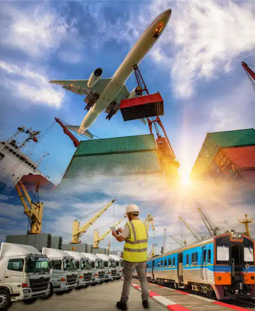 Multimodal freight scene with airplane, train, trucks, and containers for China–Nigeria logistics