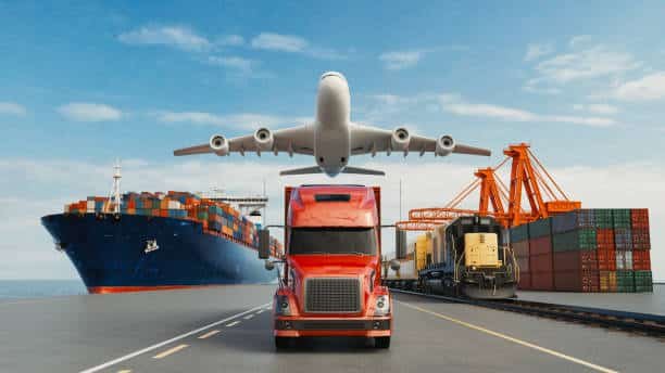Airplane, ship, truck, and train representing multimodal freight