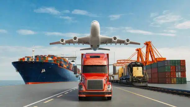 Airplane, ship, truck, and train representing multimodal freight