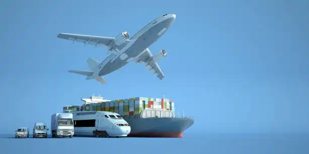 Illustration of sea, air, rail, and road freight for comprehensive shipping from China to Hungary.