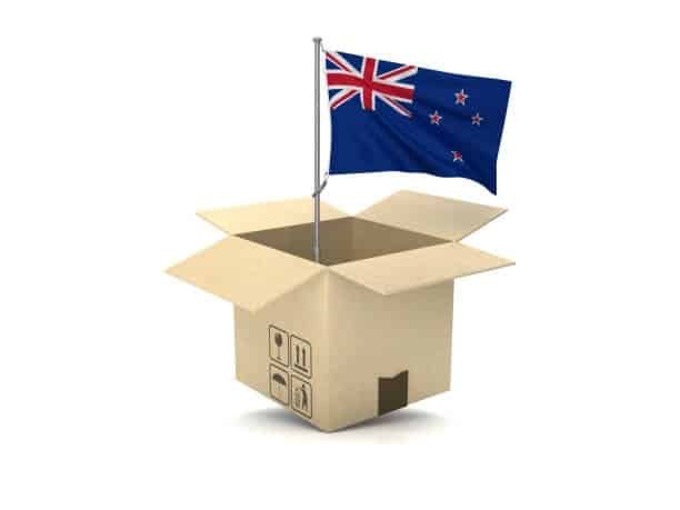 Export box with New Zealand flag representing goods shipped to and from New Zealand