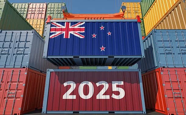 Shipping container with New Zealand flag representing 2025 freight operations