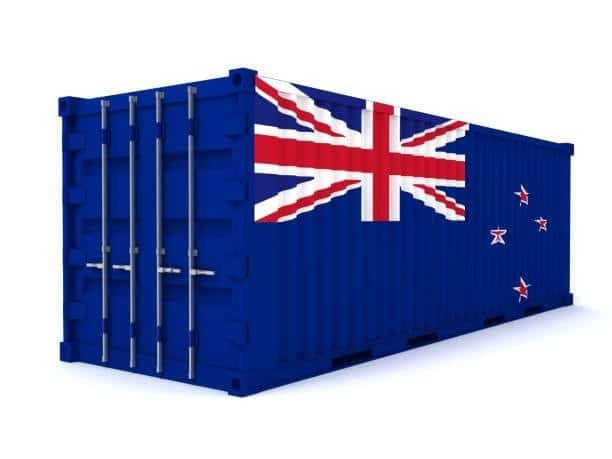 Shipping container painted with New Zealand flag for international sea freight