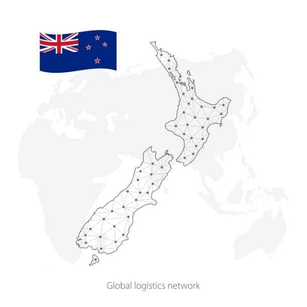 Dotted logistics map of New Zealand with flag representing global freight connectivity