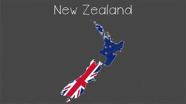 Stylized map of New Zealand overlaid with its national flag, representing international identity