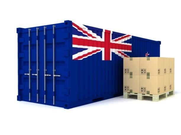 Blue shipping container with New Zealand flag and cardboard boxes prepared for freight