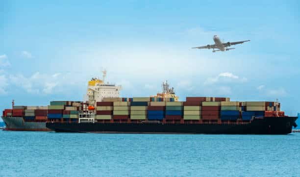 Container ship and plane in open sea, symbolizing multimodal shipping from China to Hungary.