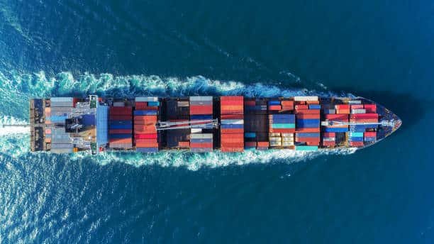 Aerial view of cargo ship transporting containers from China to Somalia