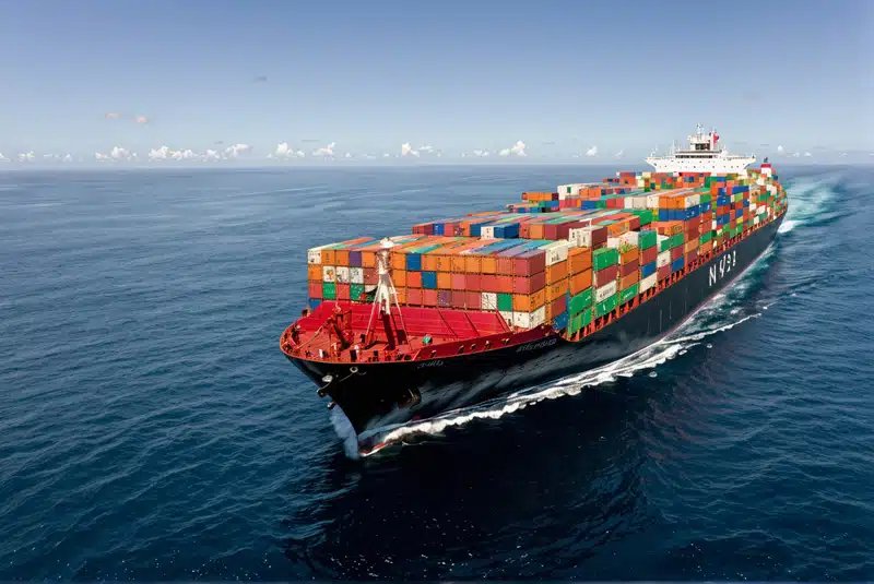 Large container ship transporting colorful cargo containers across the ocean, representing efficient global ocean freight services.