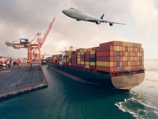 Cargo ship and plane over port waterway, representing international shipping from China to Sweden.