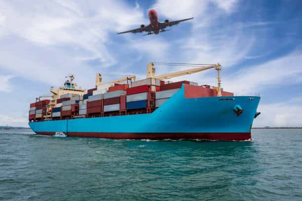 Ocean freight vessel with an airplane overhead, highlighting air-sea logistics from China to Belgium.