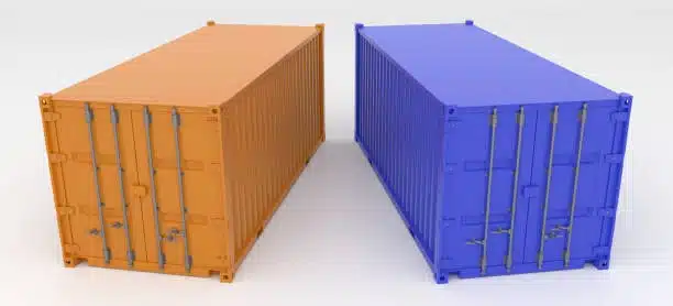 Side-by-side orange and blue shipping containers for freight comparison