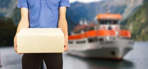Person holding a package in front of a cargo ship representing maritime freight delivery