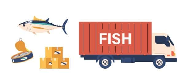 Illustration of fish and seafood products being shipped in a container truck
