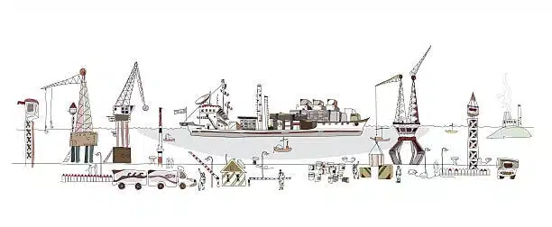 Hand-drawn style image showing port operations and logistics chain with cargo handling