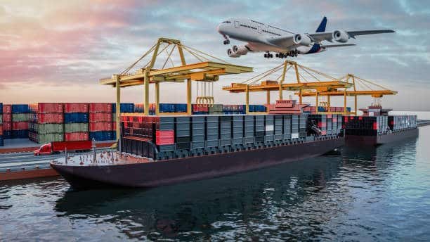 Airplane flying over cargo ships at port, symbolizing combined air and sea freight from China to Belgium.