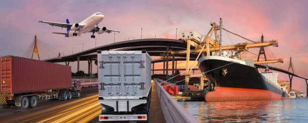 Port logistics with cargo ship, airplane, and trucks for shipping to Sudan