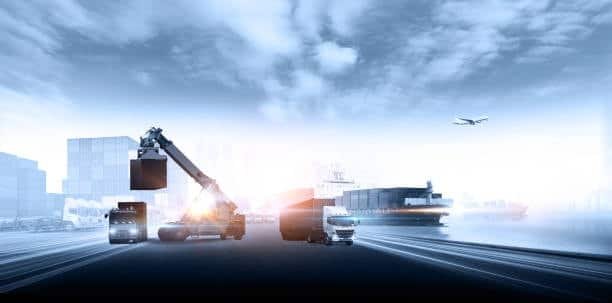 Forklift handling cargo containers at terminal yard