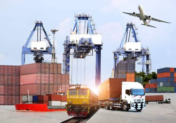 Integrated port logistics with sea, air, truck, and rail shipping from China to Spain.