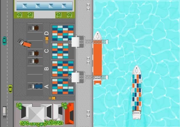 aerial port terminal layout showing container loading operations for FOB shipments