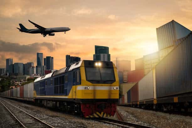 Freight train and cargo plane representing shipping routes from China to Spain.